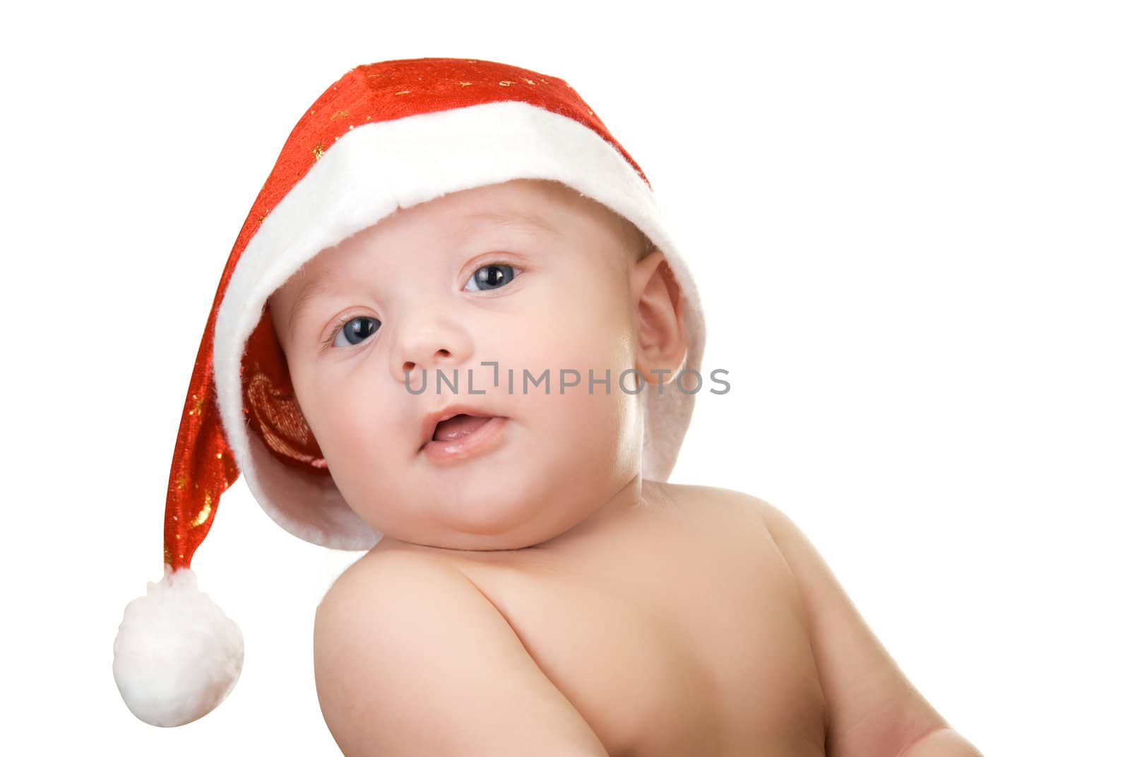 Beautiful santa baby boy on isolated  a white background