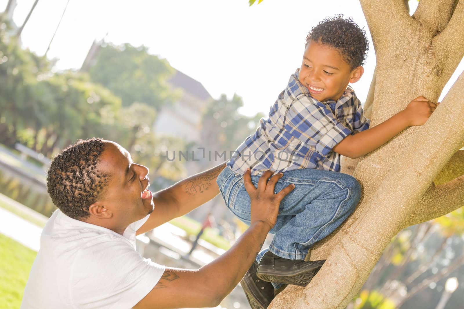 Happy Mixed Race Father Helping Son Climb a Tree by Feverpitched