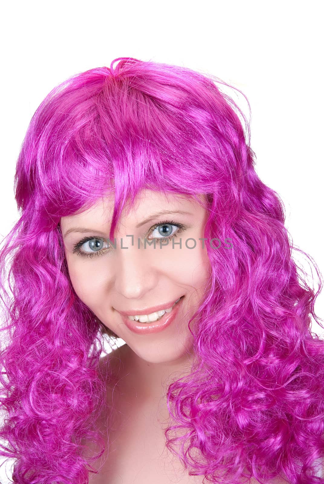 Photo of a pink girl closeup portrait on a white background