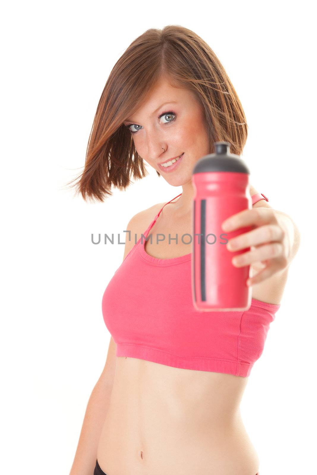 young beautiful sport woman standing making elongation isolated on white background