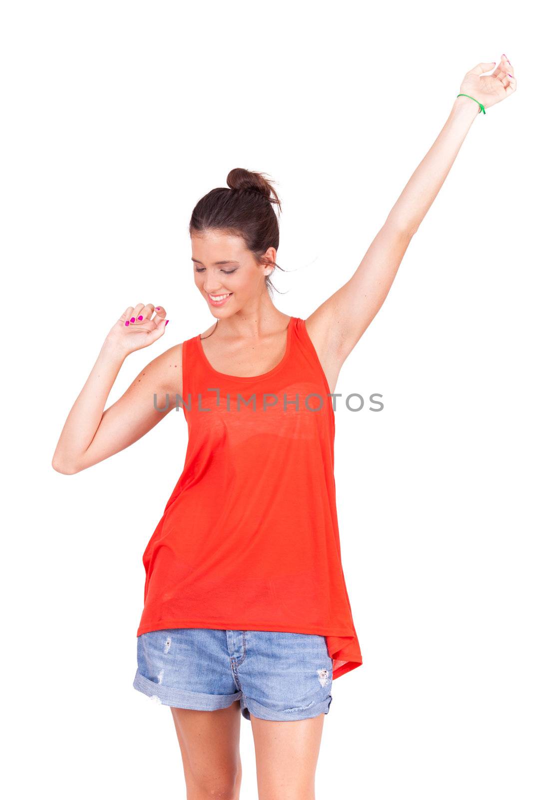 isolated portrait young beautiful happy women dancing on white background