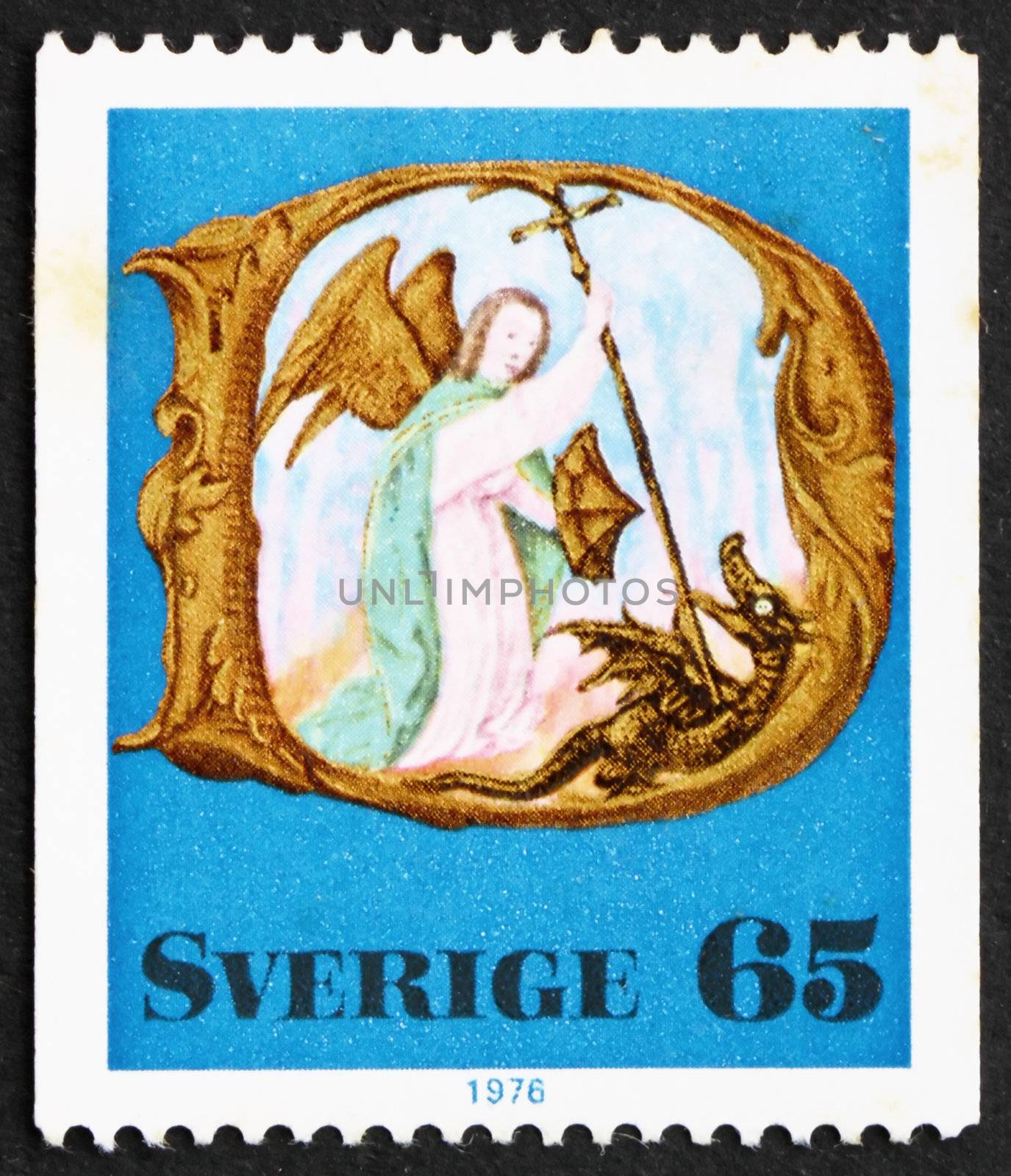 SWEDEN - CIRCA 1976: a stamp printed in the Sweden shows Archangel Michael, Design from Flemish Prayer Book 1500, Christmas, circa 1976