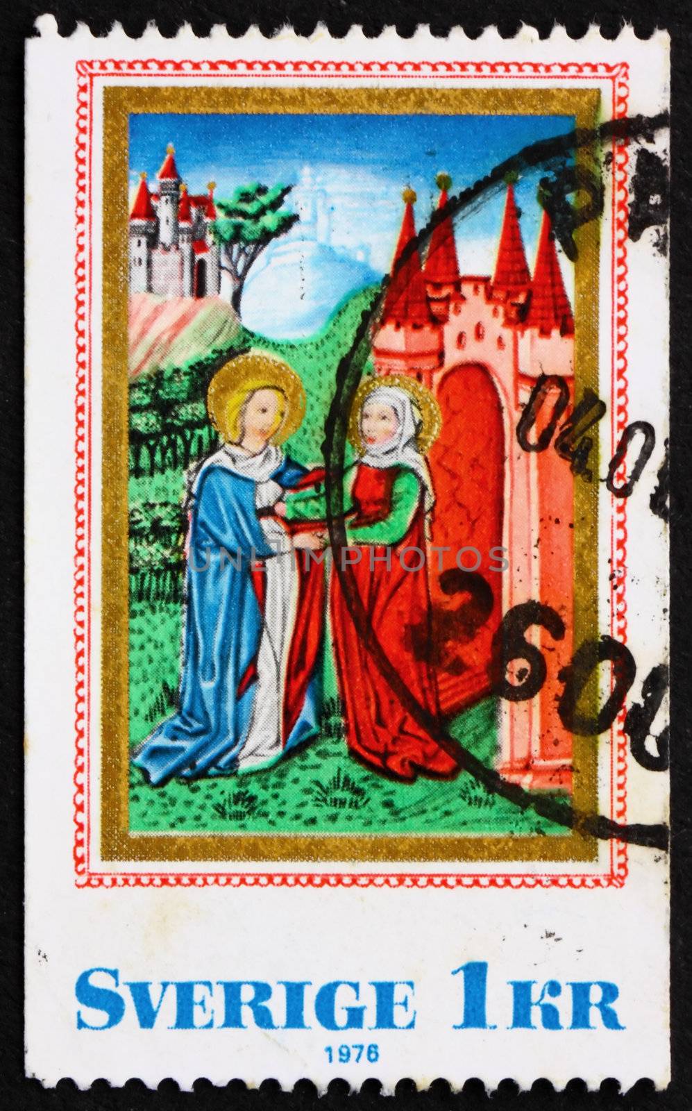 SWEDEN - CIRCA 1976: a stamp printed in the Sweden shows Virgin Mary Visiting St. Elizabeth, from Austrian Prayer Book, late 15th Century, Christmas, circa 1976