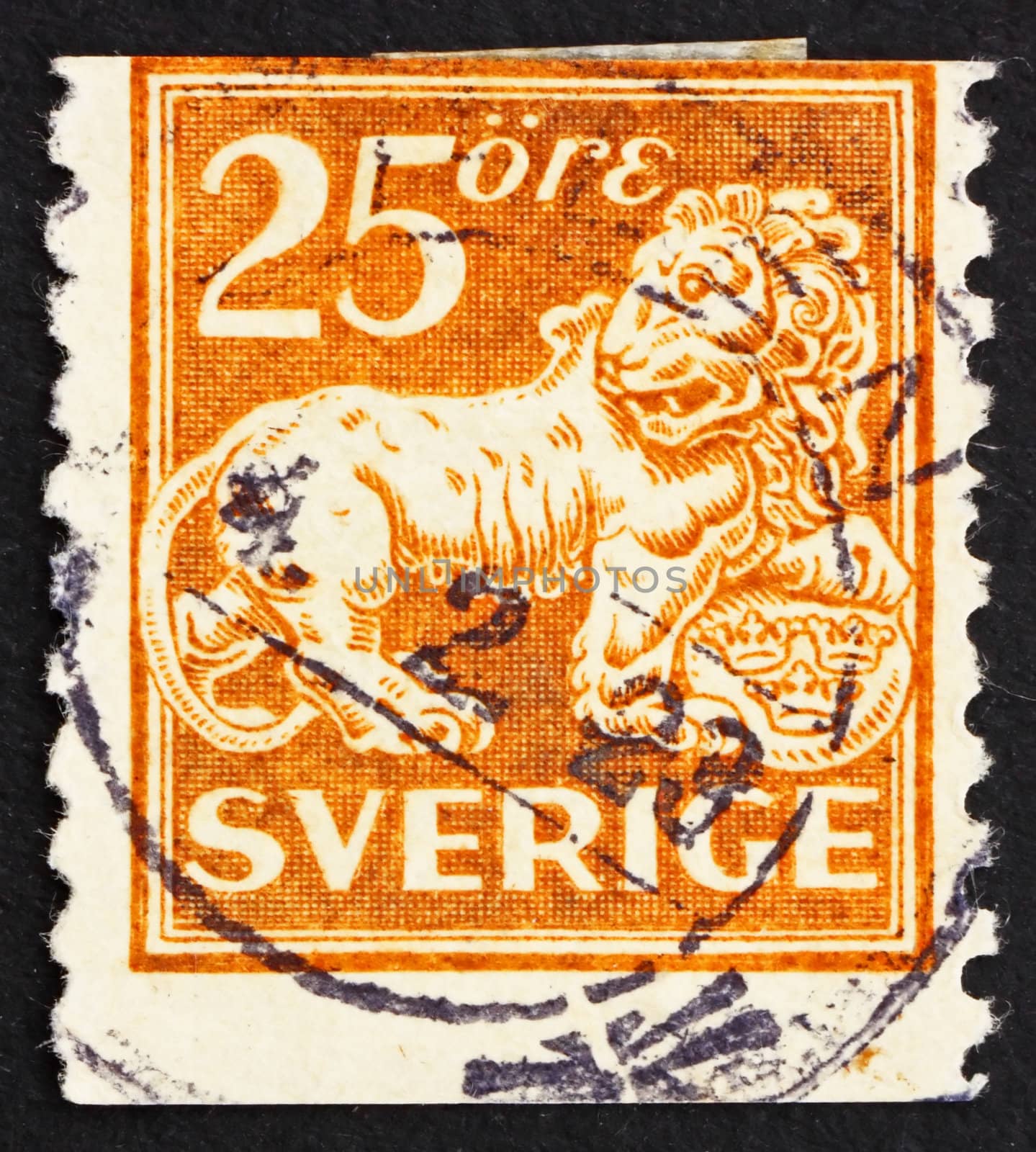 SWEDEN - CIRCA 1921: a stamp printed in the Sweden shows Heraldic Lion Supporting Arms of Sweden, circa 1921