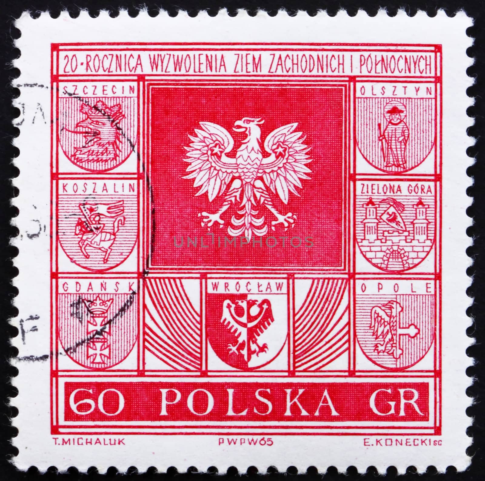 POLAND - CIRCA 1965: a stamp printed in the Poland shows Polish Eagle and Town Coats of Arms, 20th Anniversary of regaining Western and Northern Territories, circa 1965