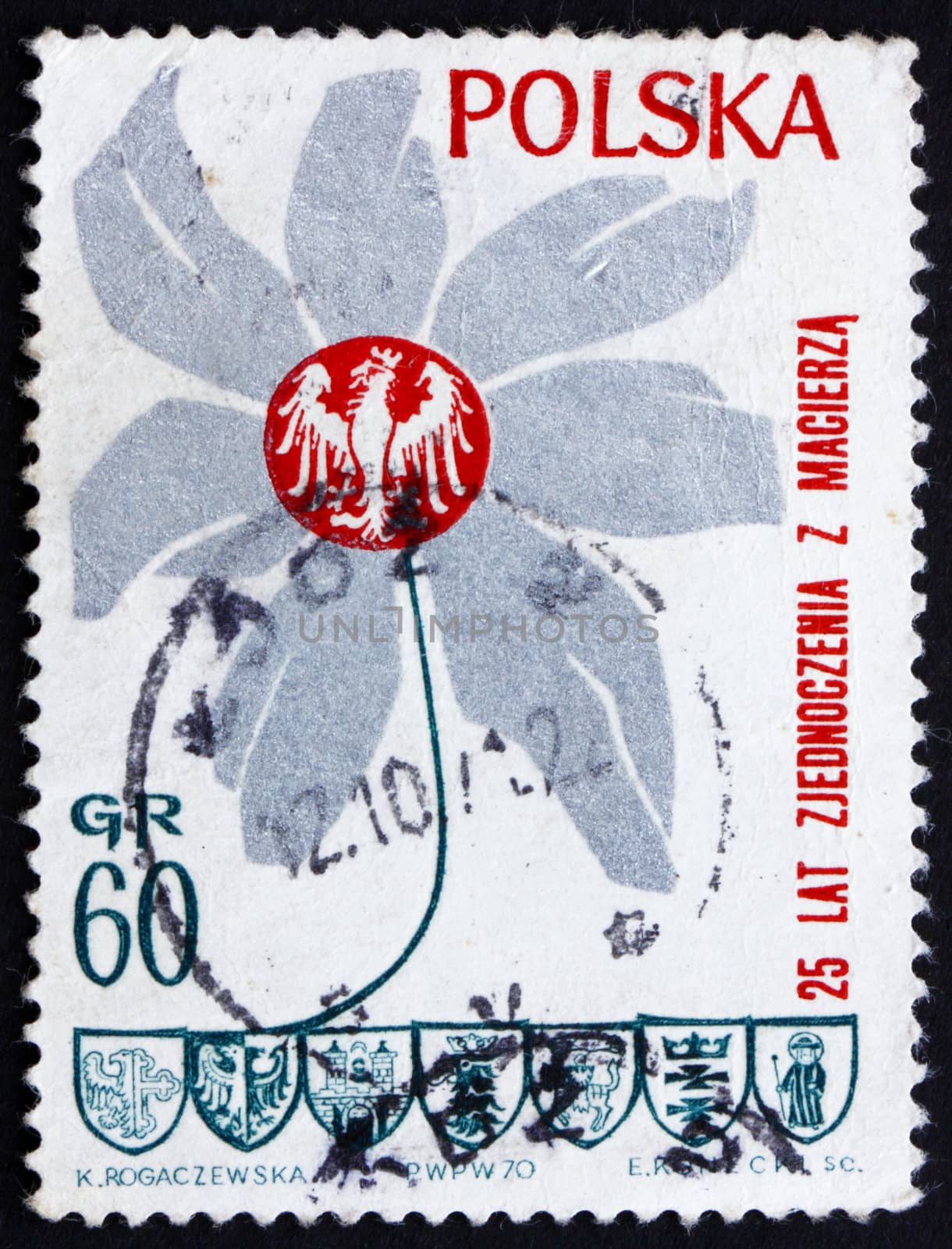 POLAND - CIRCA 1970: a stamp printed in the Poland shows Flower, Polish Eagle and Town Coats of Arms, 25th Anniversary of Victory over Germany, circa 1970