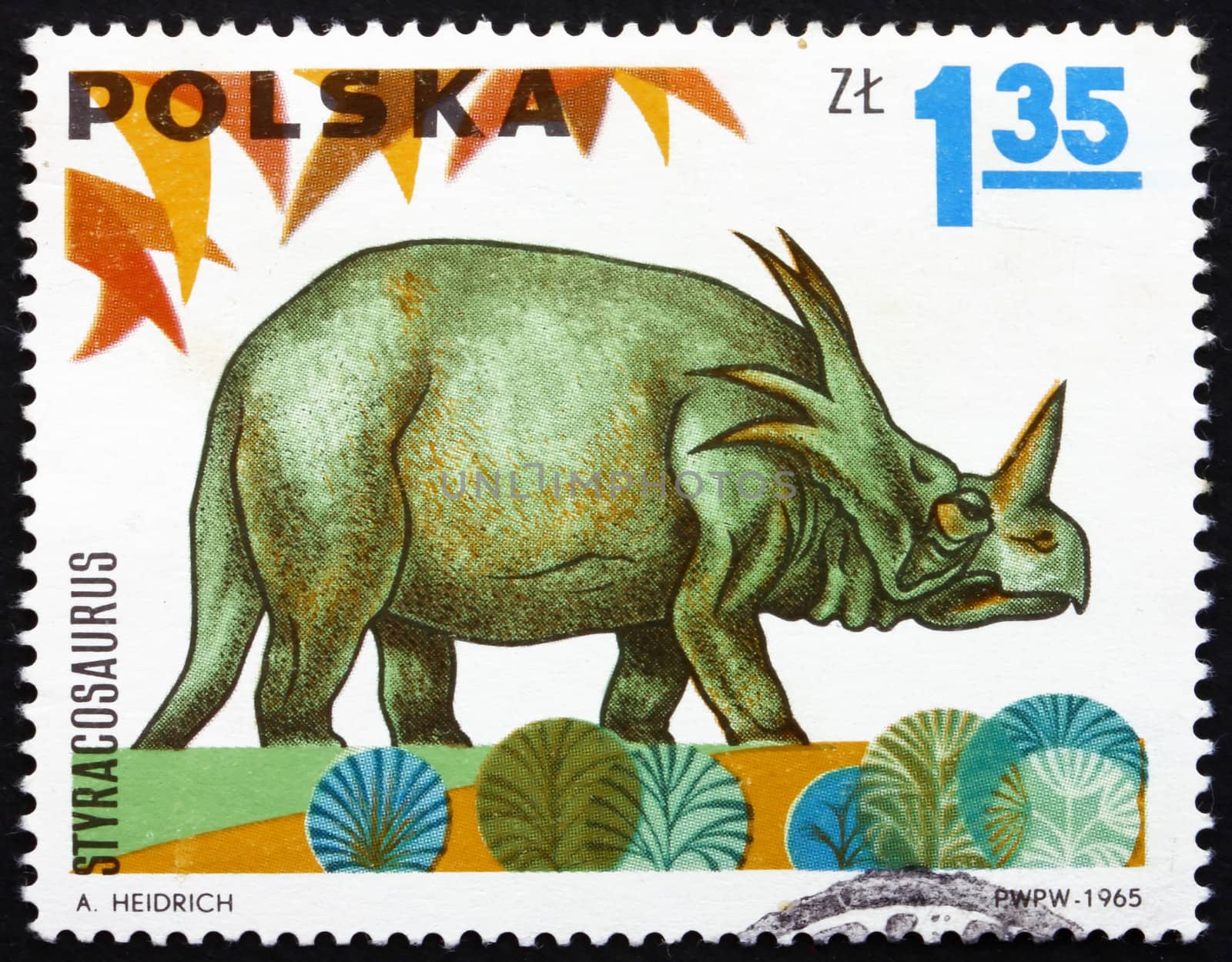 POLAND - CIRCA 1965: a stamp printed in the Poland shows Styracosaurus, Dinosaur, circa 1965