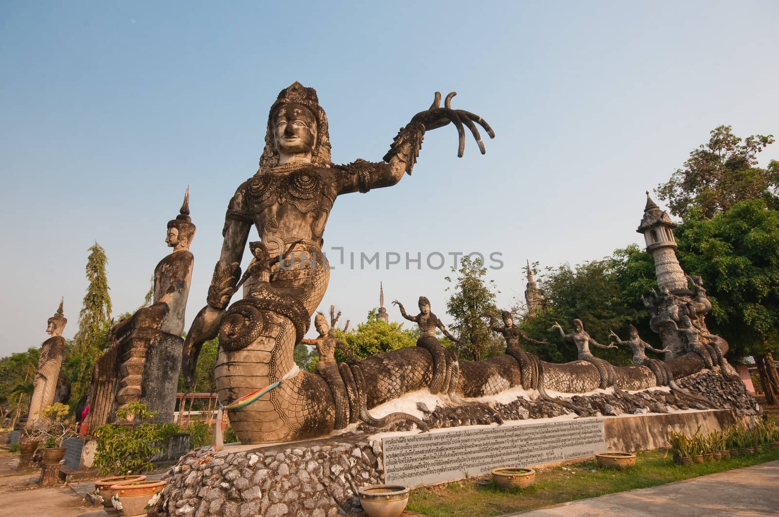 stucco ancient architecture in Sala Kaew Ku - Thai temple in hindu style, Nhongkhai Province Thailand 