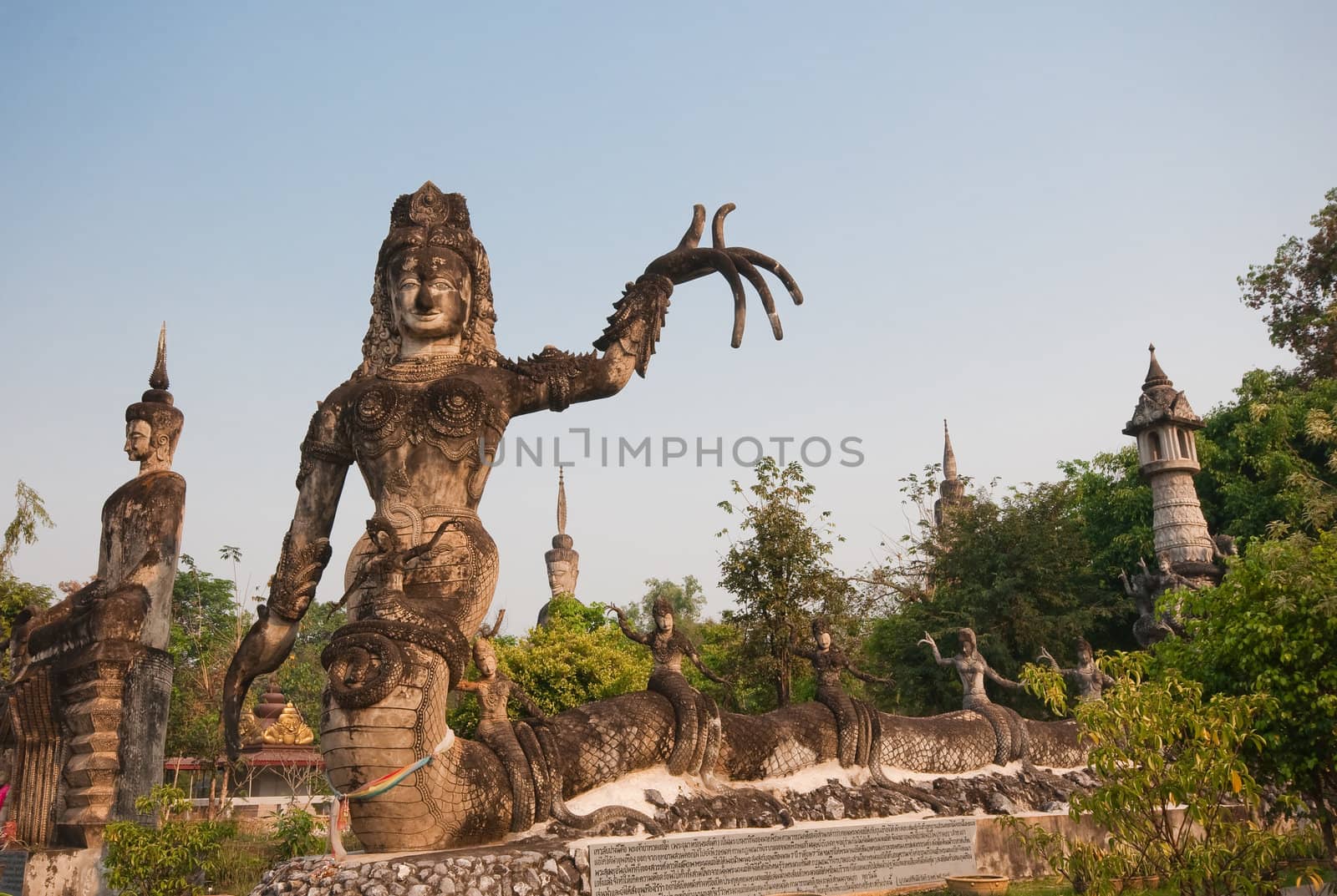stucco ancient architecture in Sala Kaew Ku - Thai temple in hindu style, Nhongkhai Province Thailand 