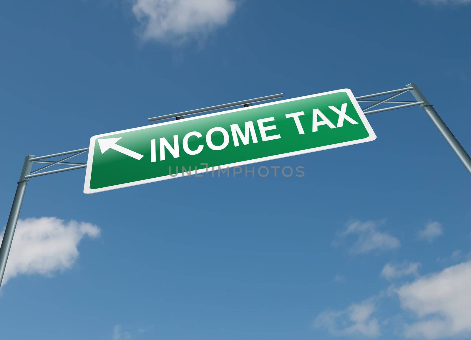 Illustration depicting a highway gantry sign with a tax concept. Blue sky background.