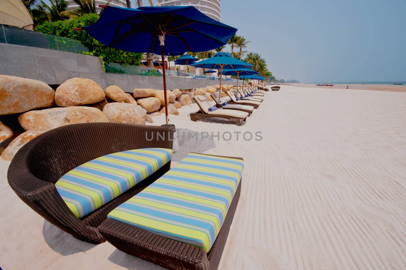 beach chairs locate on Hua Hin beach in Thailand