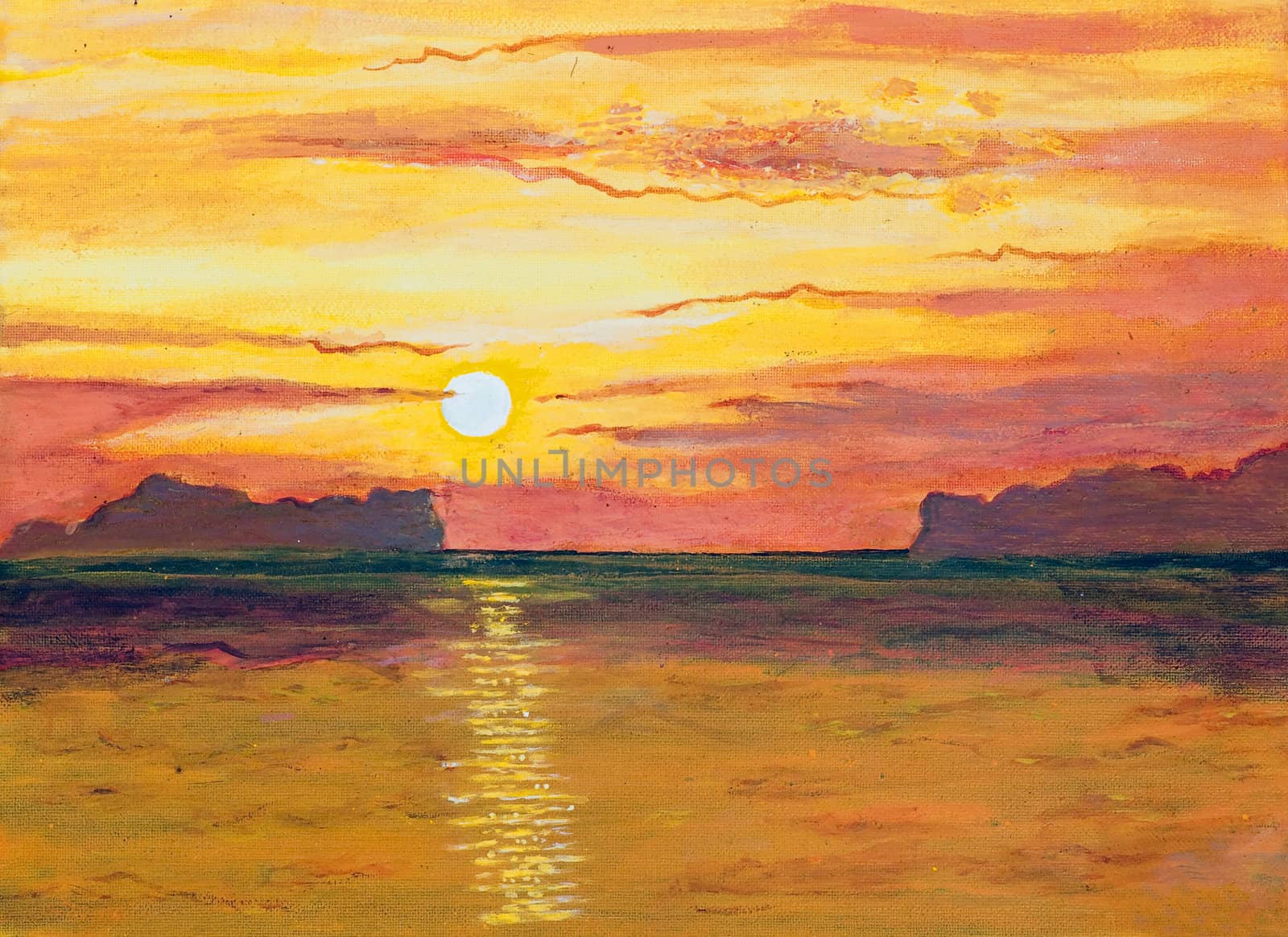 Original oil painting on canvas - sunset in the ocean