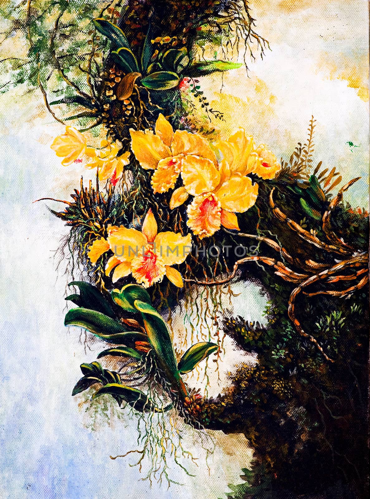 Original oil painting on canvas - yellow forest orchids
