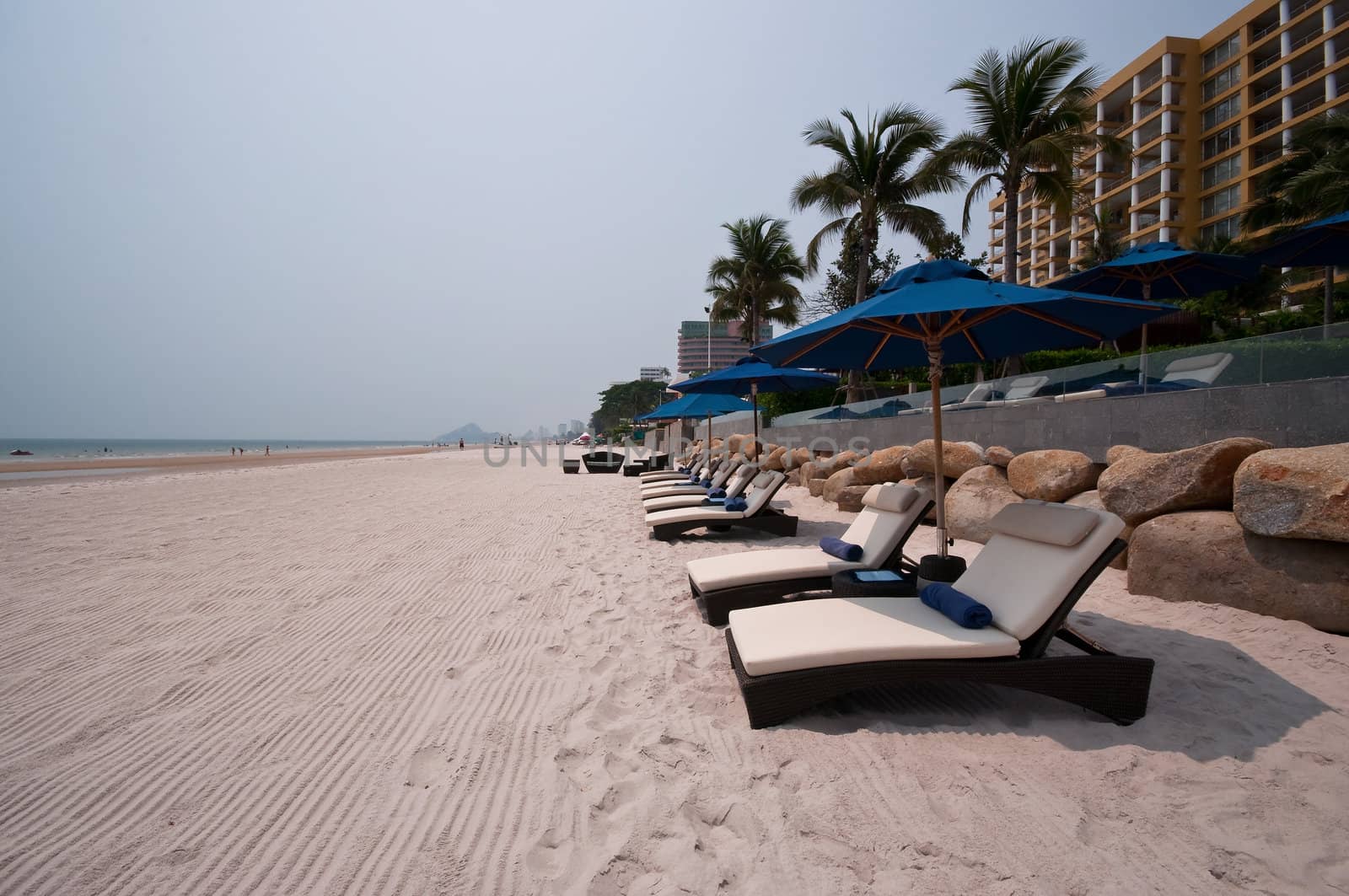 beach chairs locate on Hua Hin beach in Thailand