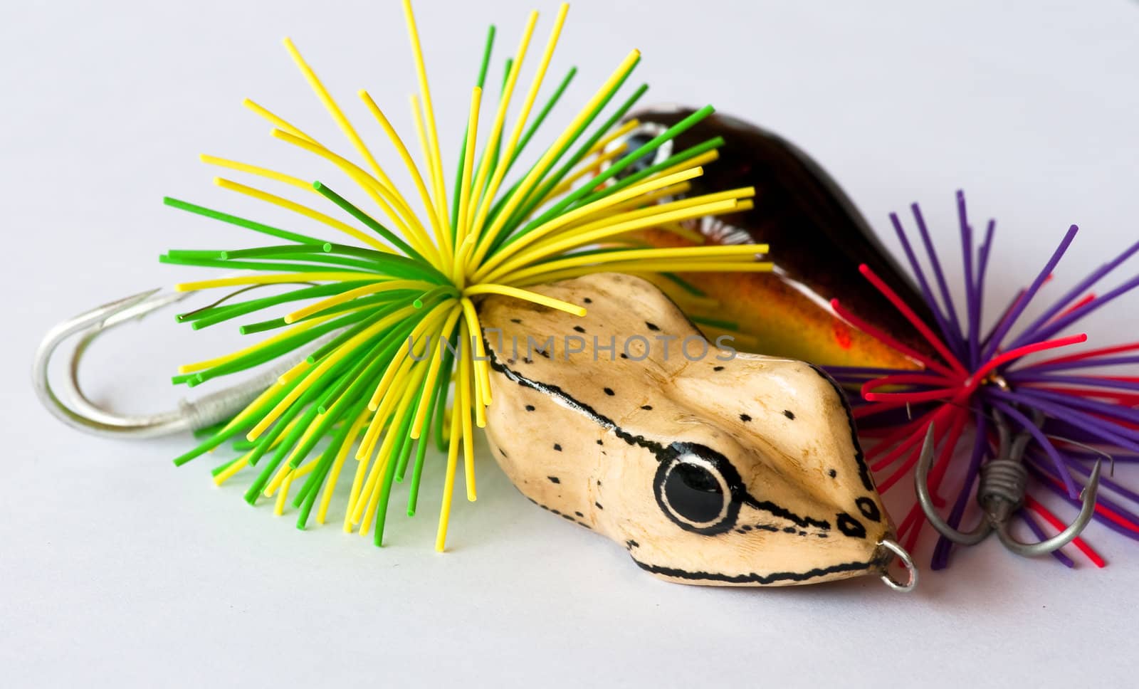 colorful fishing lures on white background