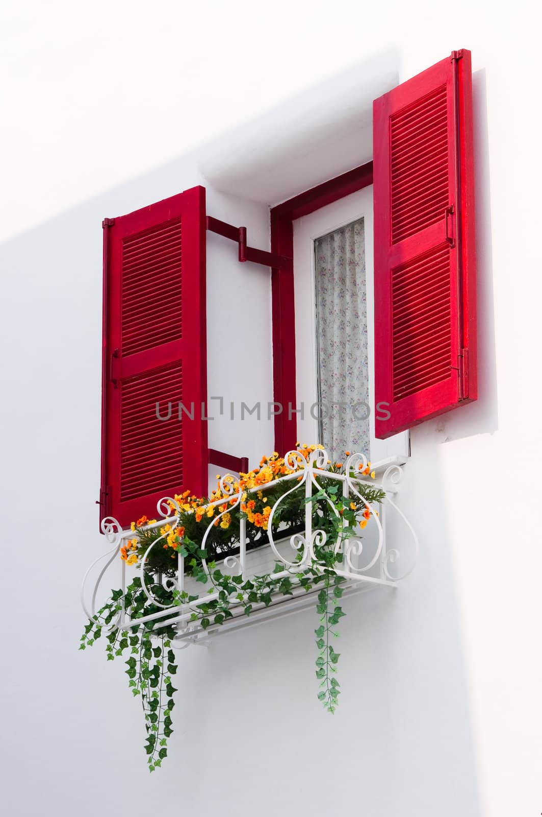 red vintage windows in Greek Style