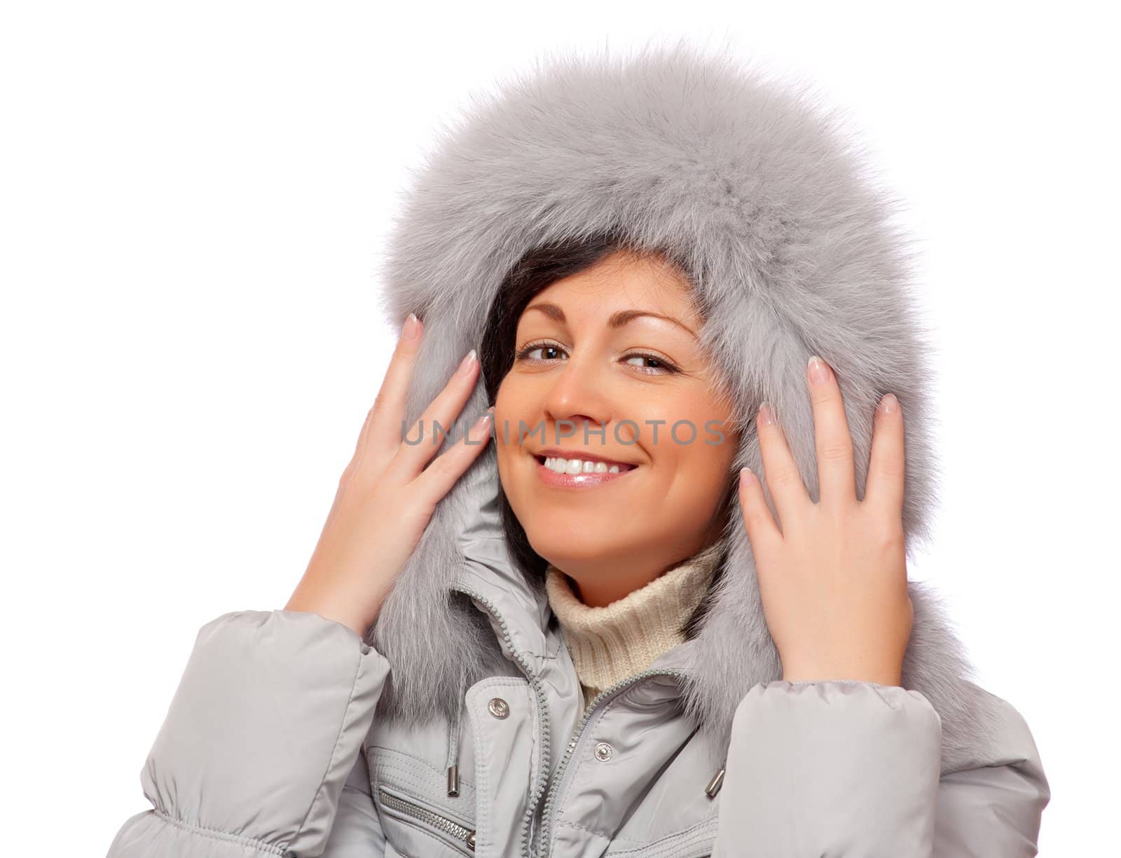 Portrait of smiling woman in fluffy hood