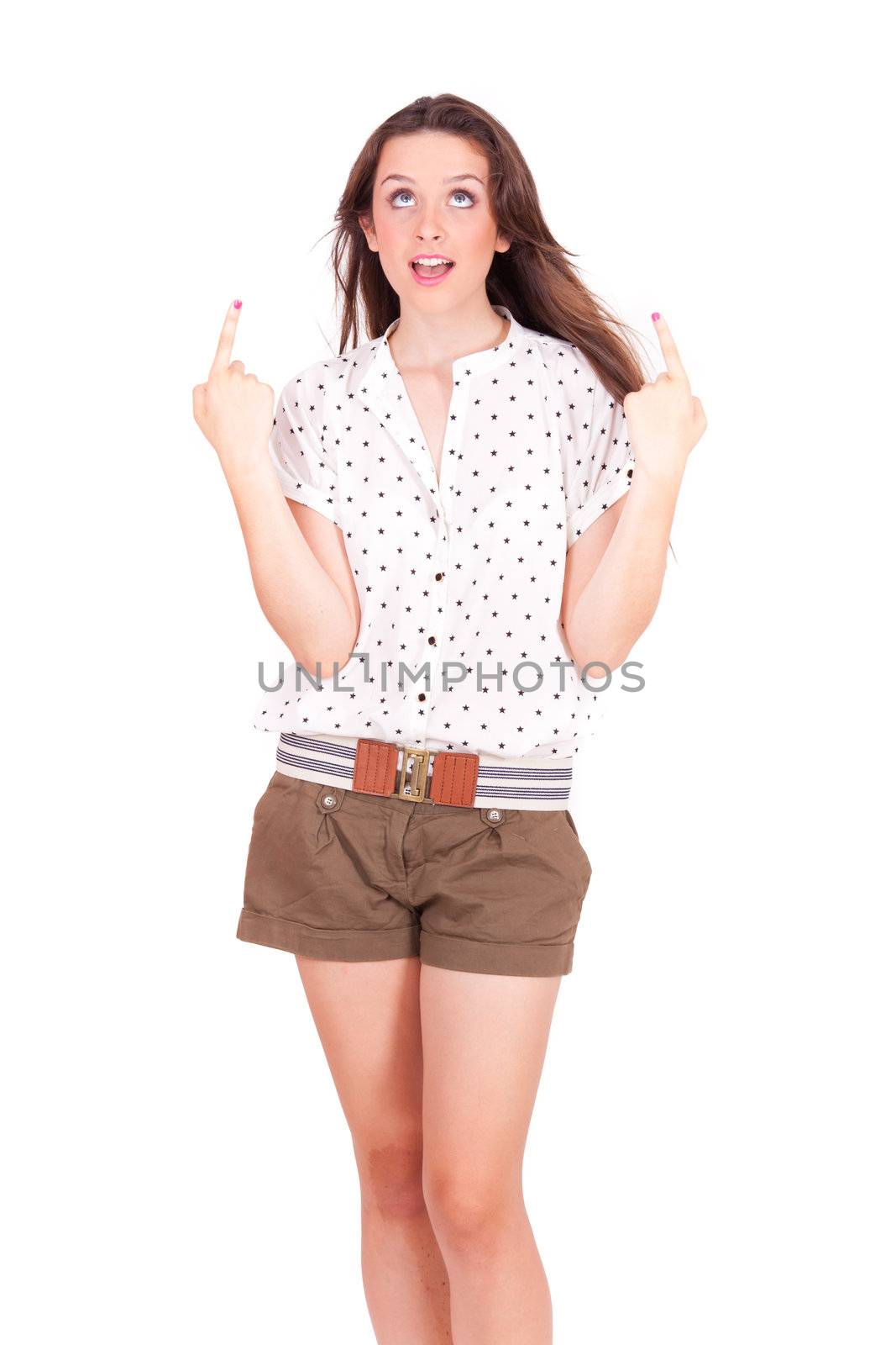 young women pointing up on white background