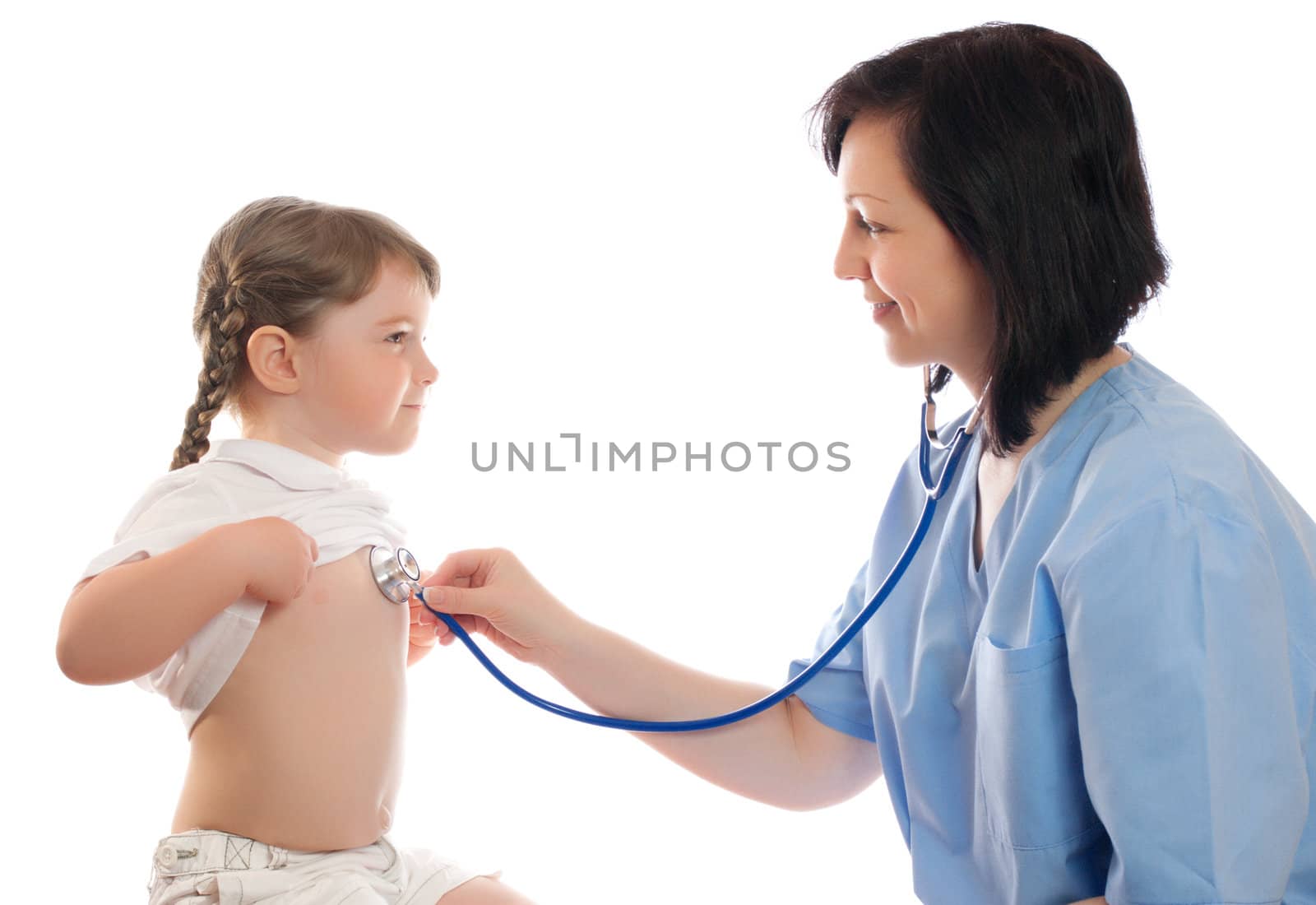 Doctor with stethoscope and little smiling girl isolated