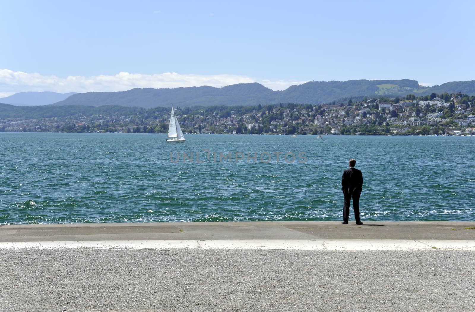 businessman contemplating a lake by jmffotos