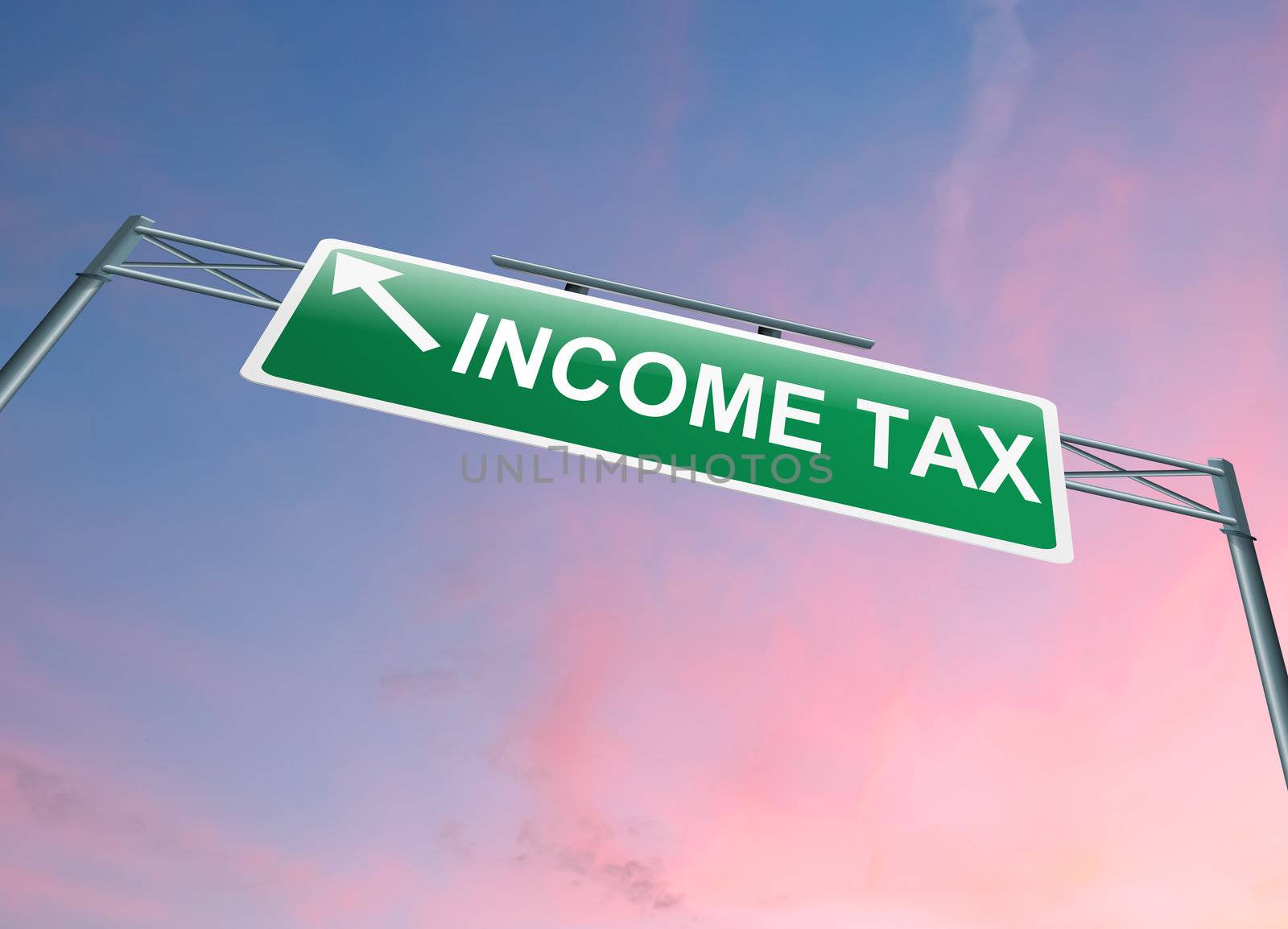 Illustration depicting a highway gantry sign with a tax concept. Sunset sky background.