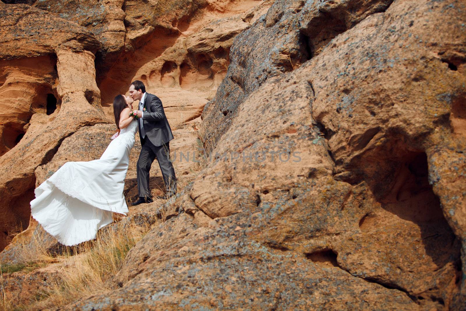 kissing couple in the mountains by vsurkov