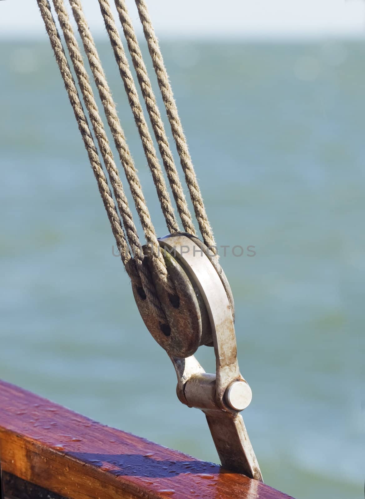 Pulley attached to the ship's deck, against sea water