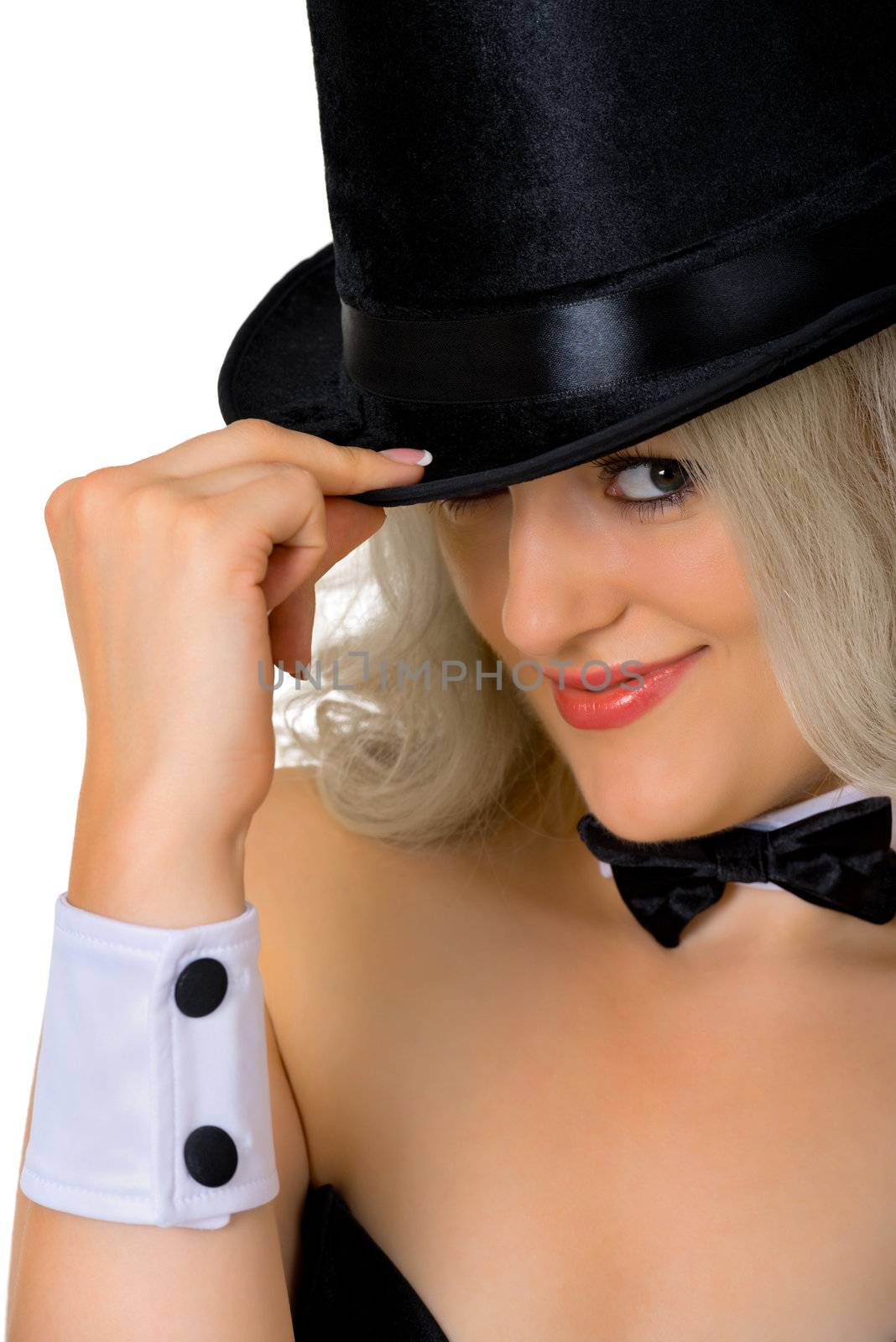 Young girl - a dancer in a black hat, close-up