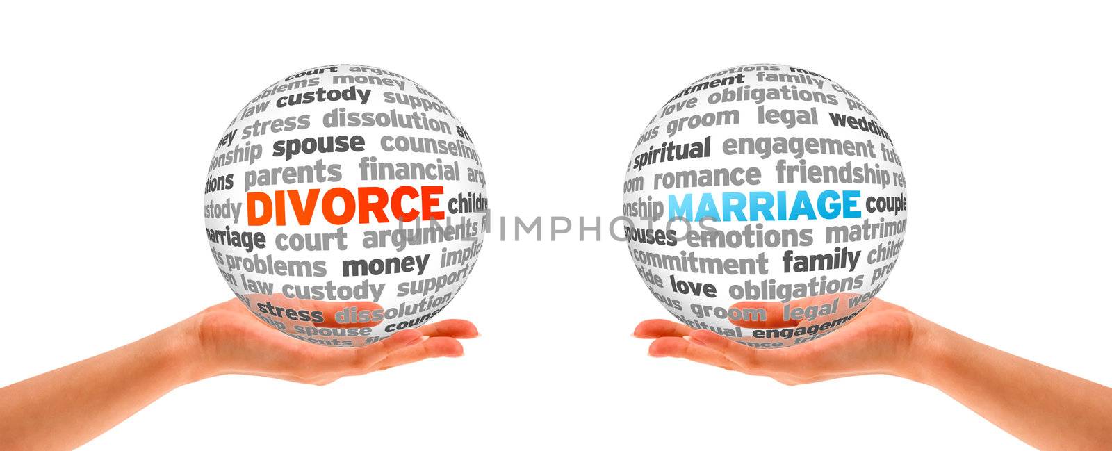 Hands holding a Divorce and Marriage Word Sphers on white background. 