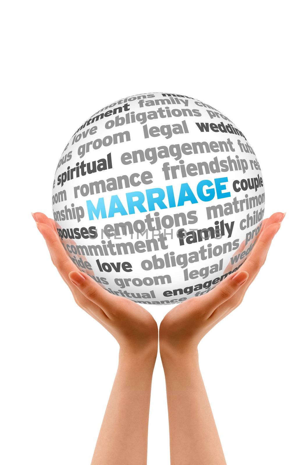 Hands holding a Marriage Word Sphere sign on white background.