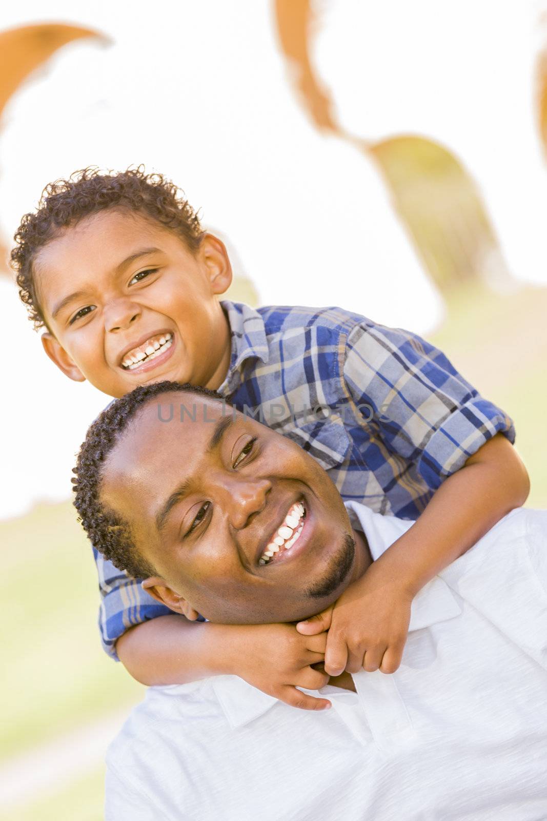 Mixed Race Father and Son Playing Piggyback in Park by Feverpitched