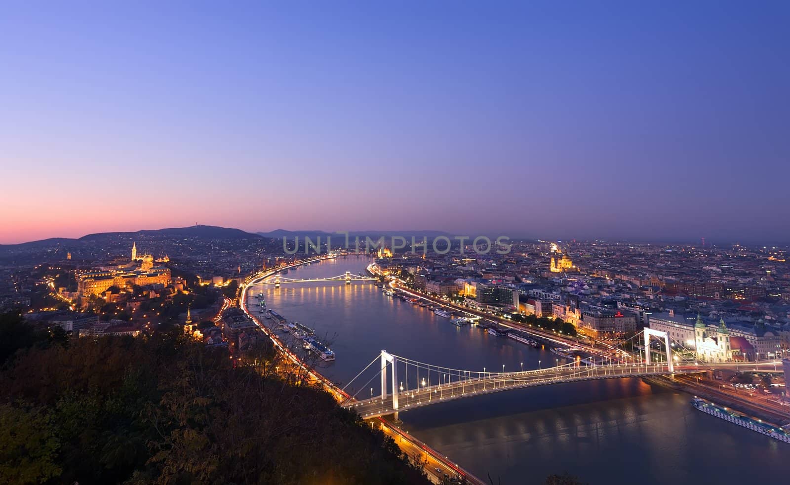 Budapest and Danube at night, view from Citadella.