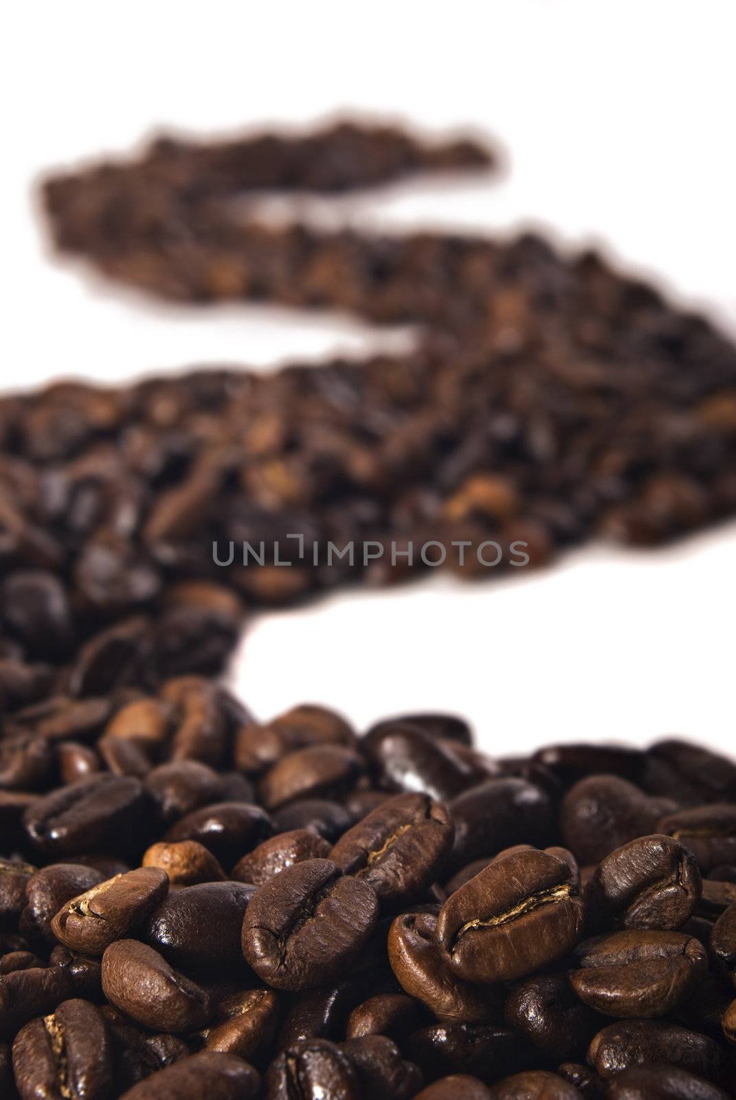a Row of coffee beans on white