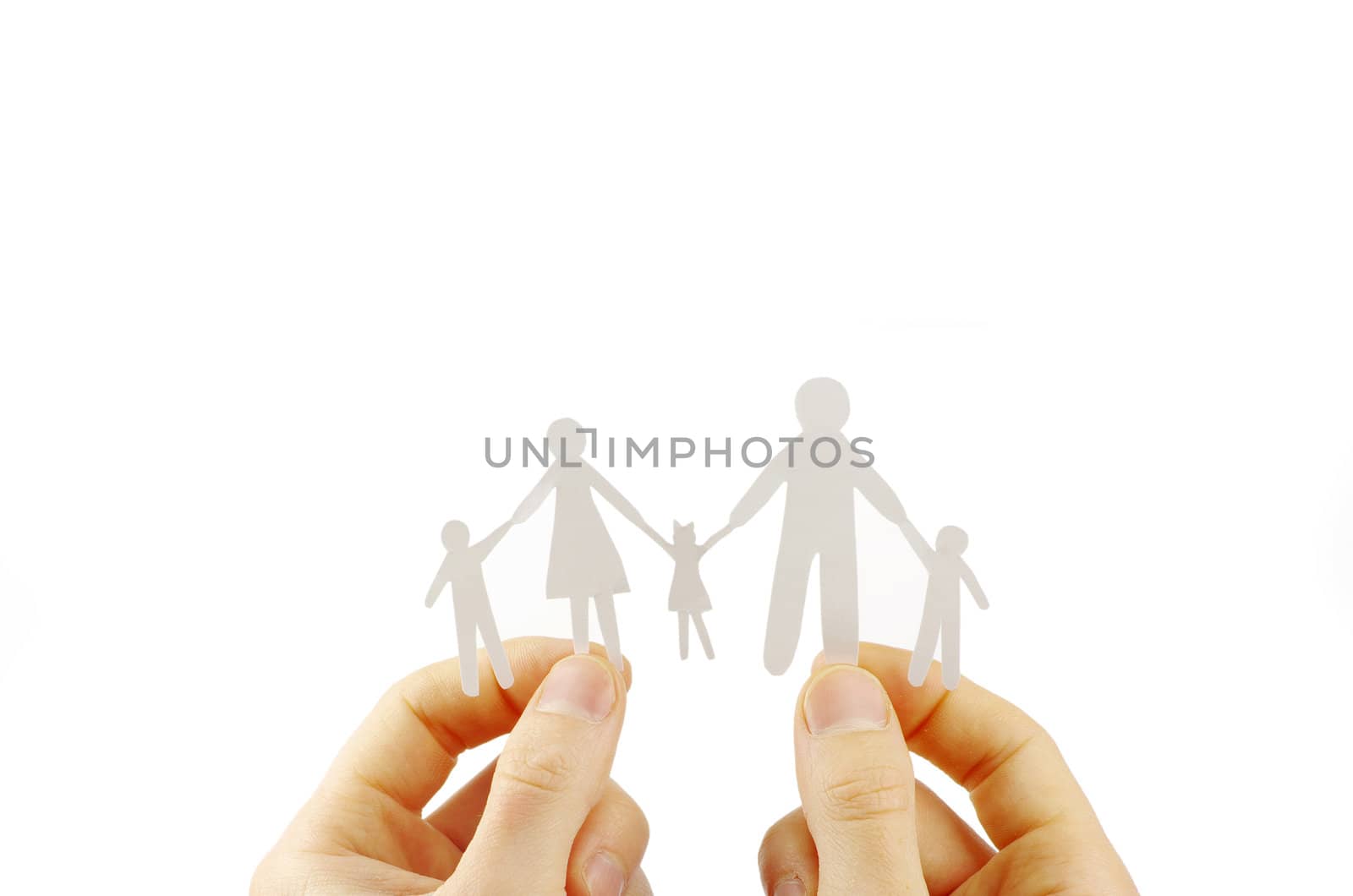 Paper family in hands isolated on white background