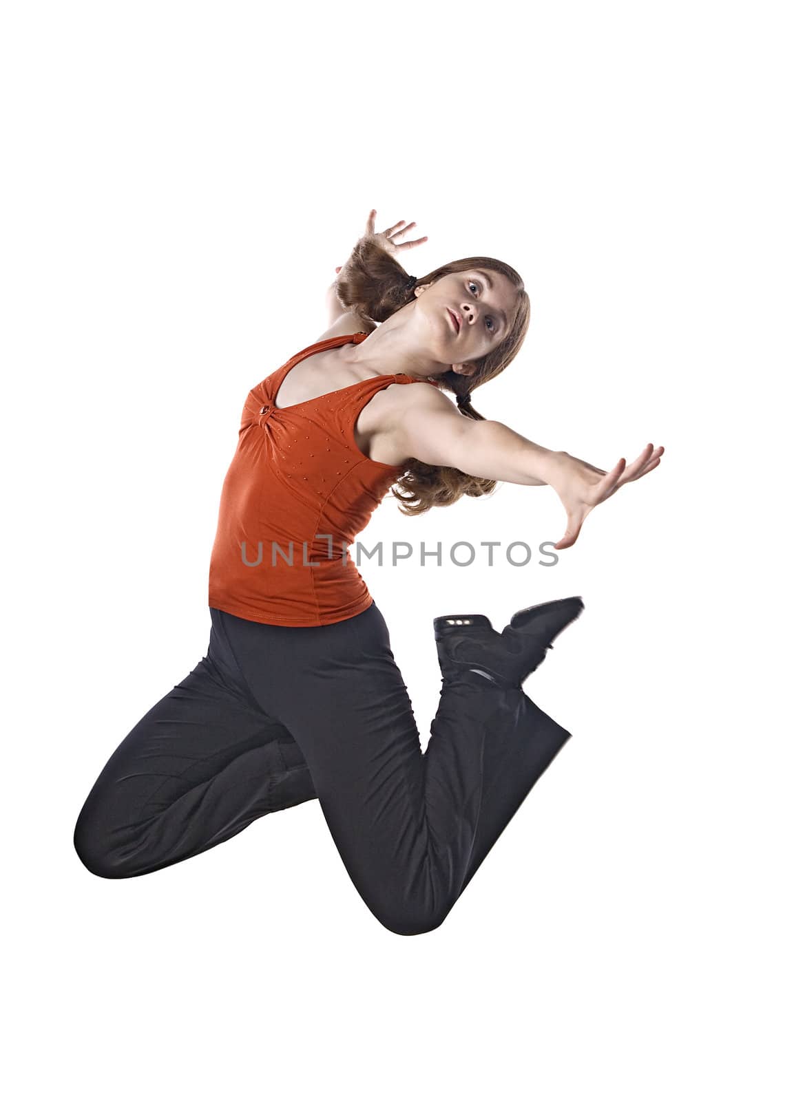 Woman contemporary dancer jumping, isolated over white