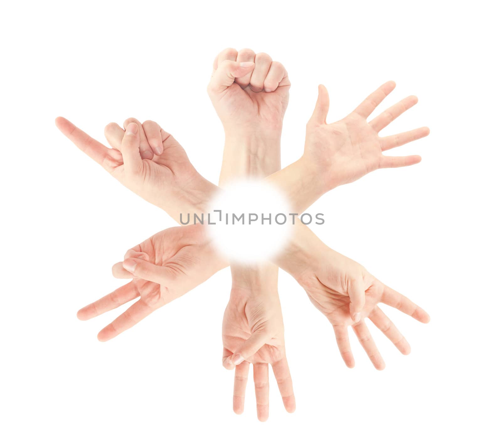 Counting man hands (0 to 5) isolated on white background