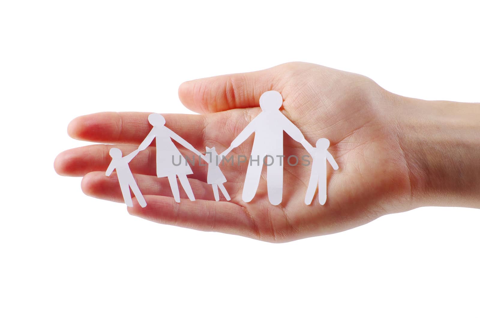 Paper family in hands isolated on white background