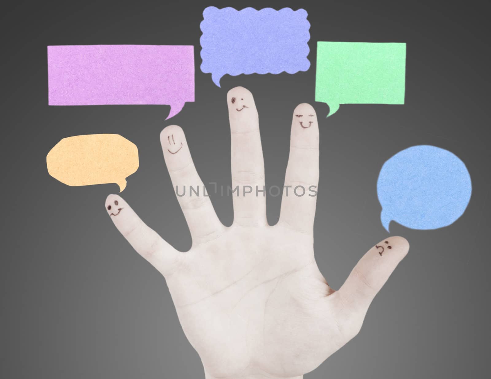 Happy group of finger smileys with social chat sign and speech t by oly5