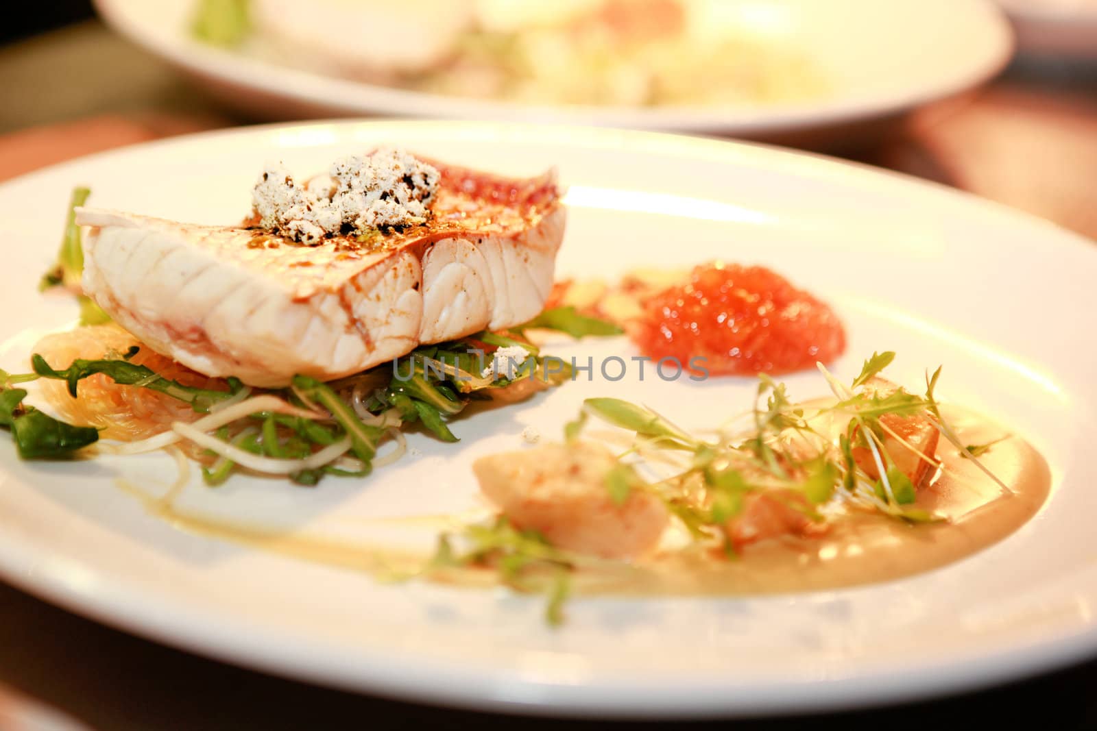 Delicious gourmet seafood meal with a grilled fish fillet served on fresh sliced vegetables and salad at a restaurant