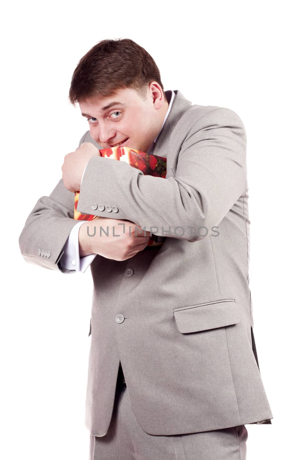 man with a gift on a white background