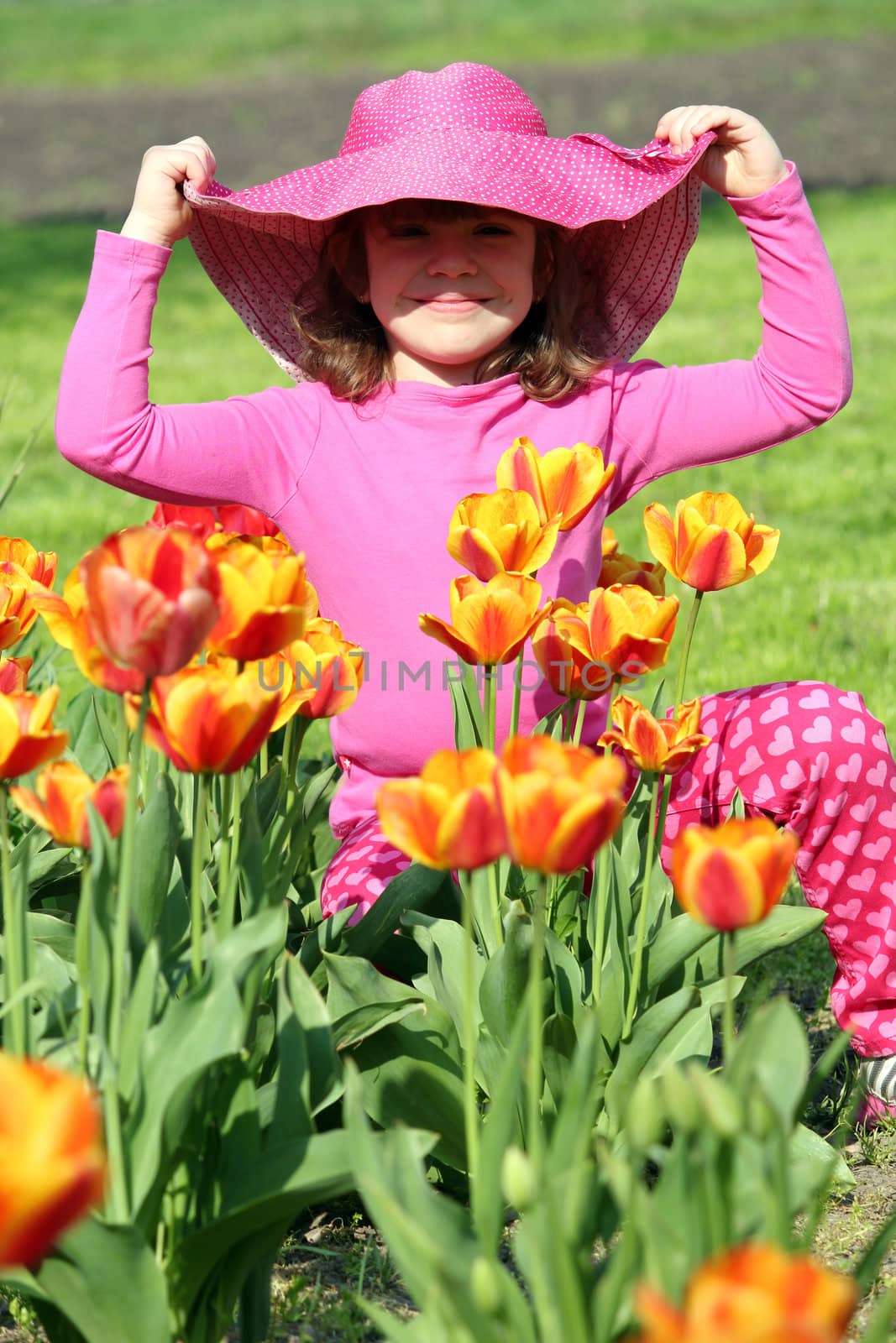 happy little girl in tulip garden by goce