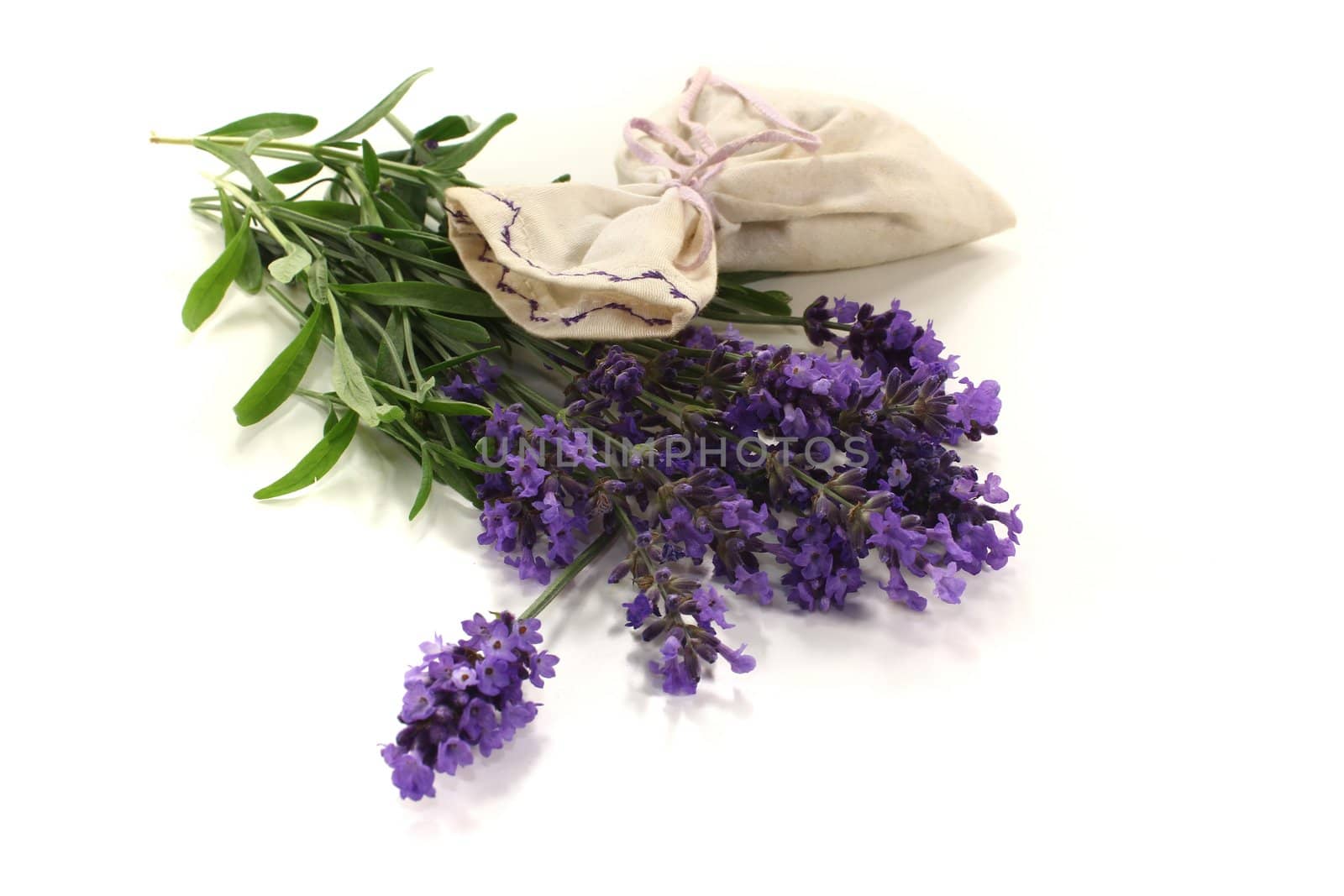 Lavender bag with violet flowers and leaves on a bright background