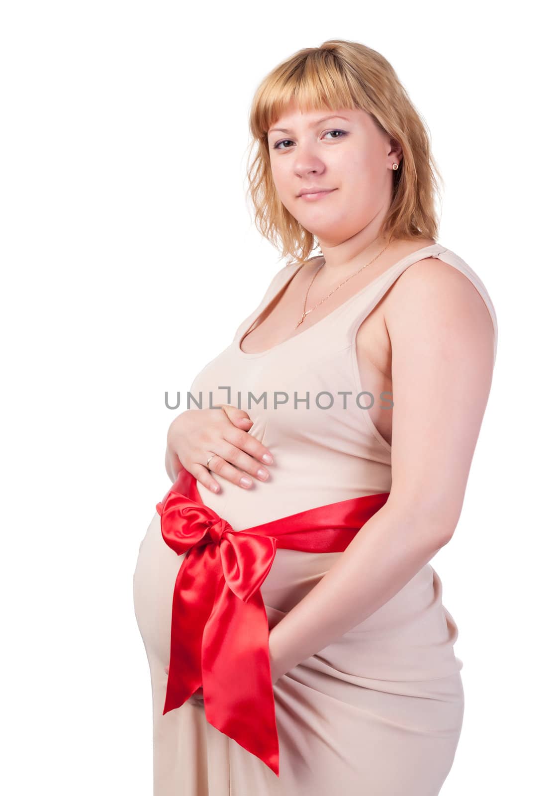 Pregnant Woman Caressing her Belly, over white background