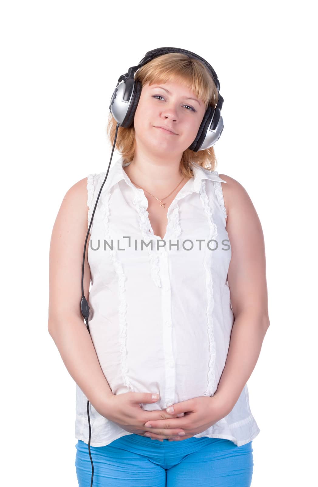 Pregnant Woman with Headphones, over white background