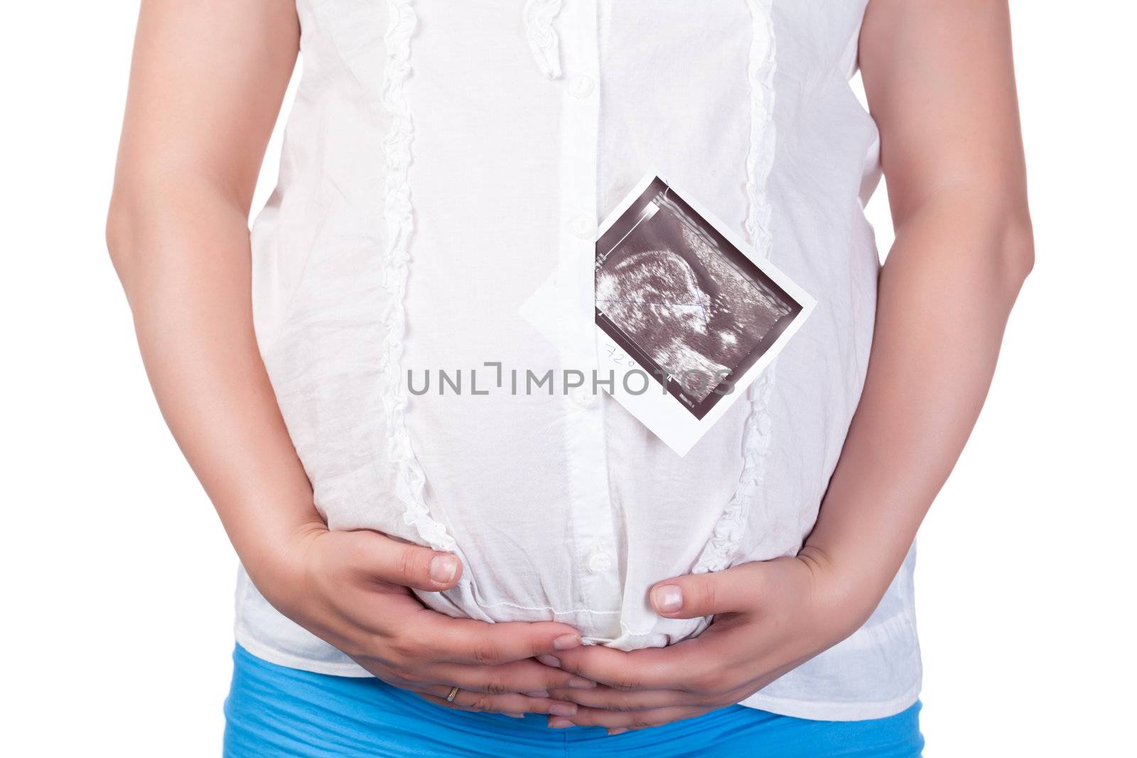 Pregnant Woman's Belly with Ultrasound Image, closeup