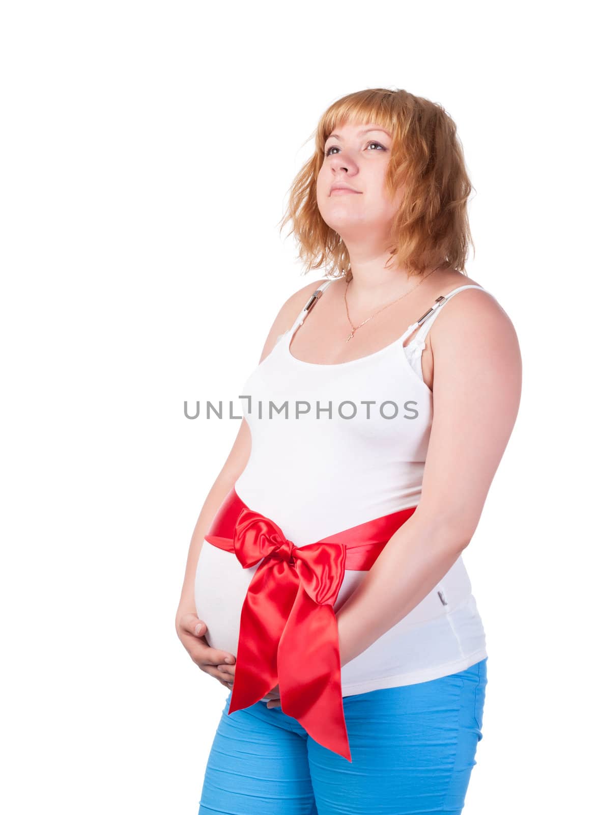Pregnant Woman Touching her Belly, over white background