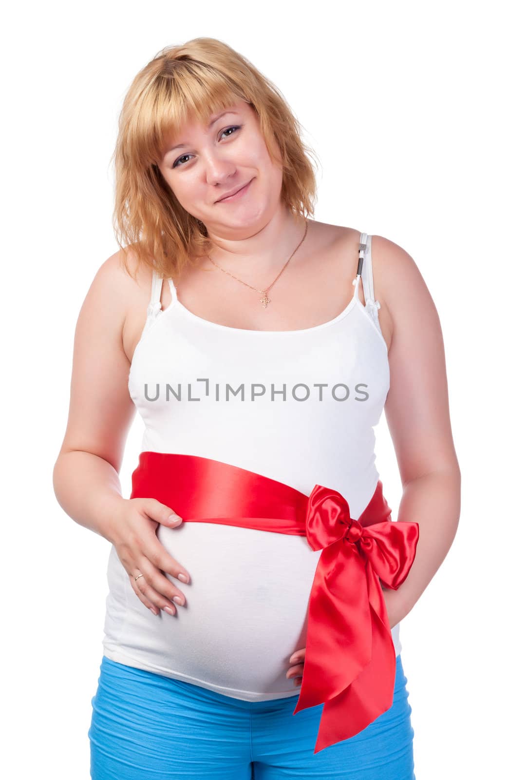 Pregnant Woman Touching her Belly, over white background