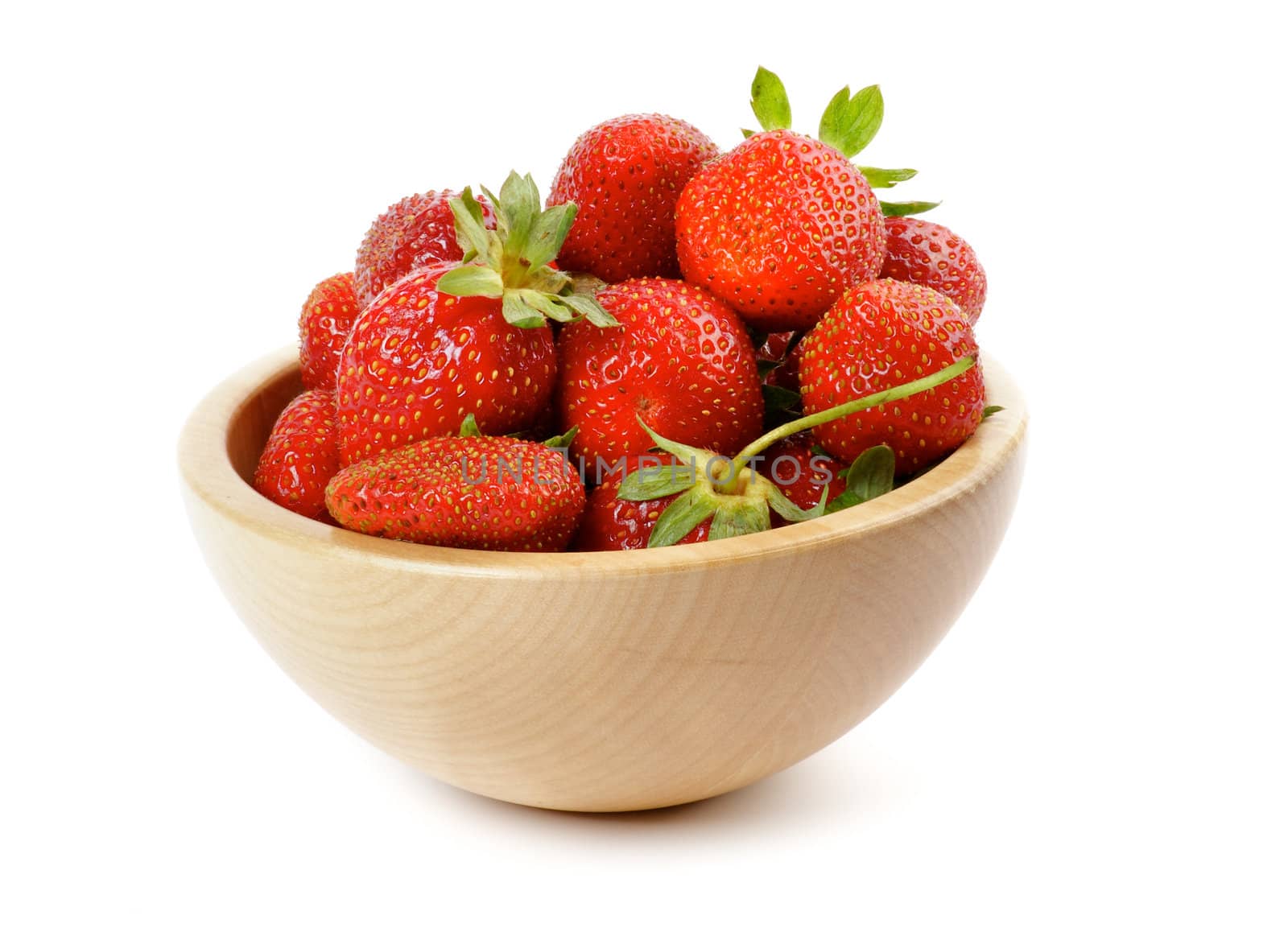 Fresh Ripe Perfect Strawberriy in wooden bowl isolated on white background
