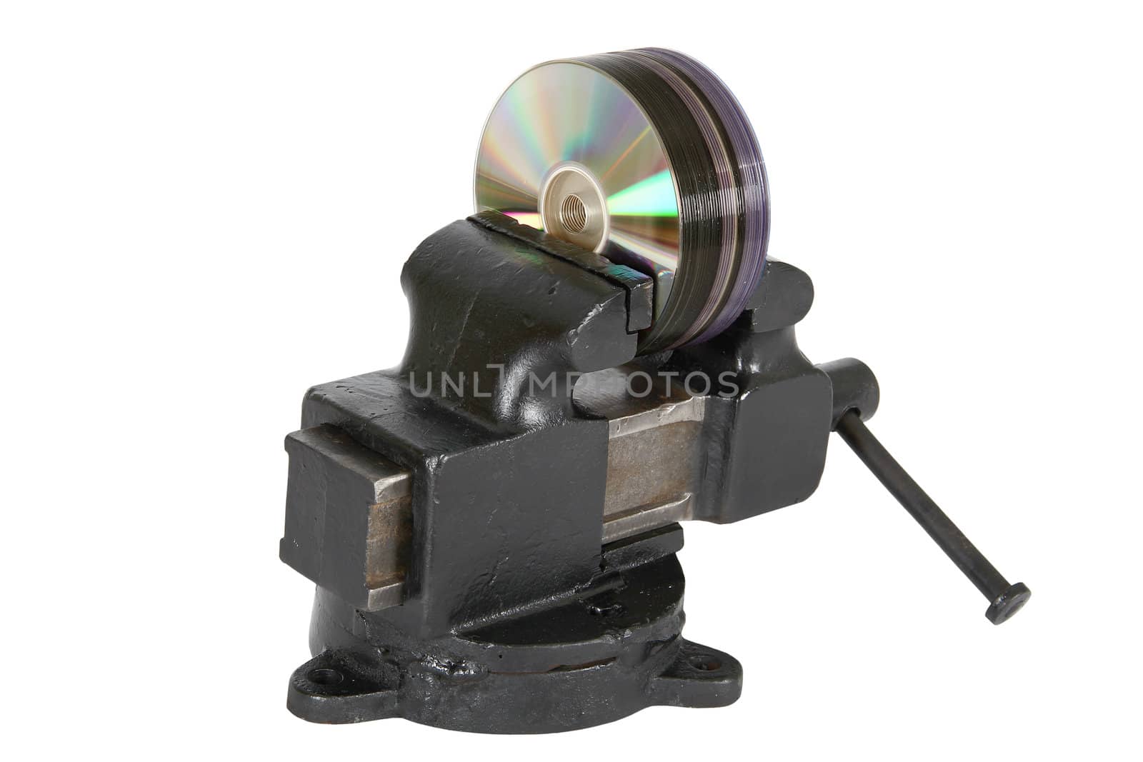 cd disks in vise, isolated on a white background 