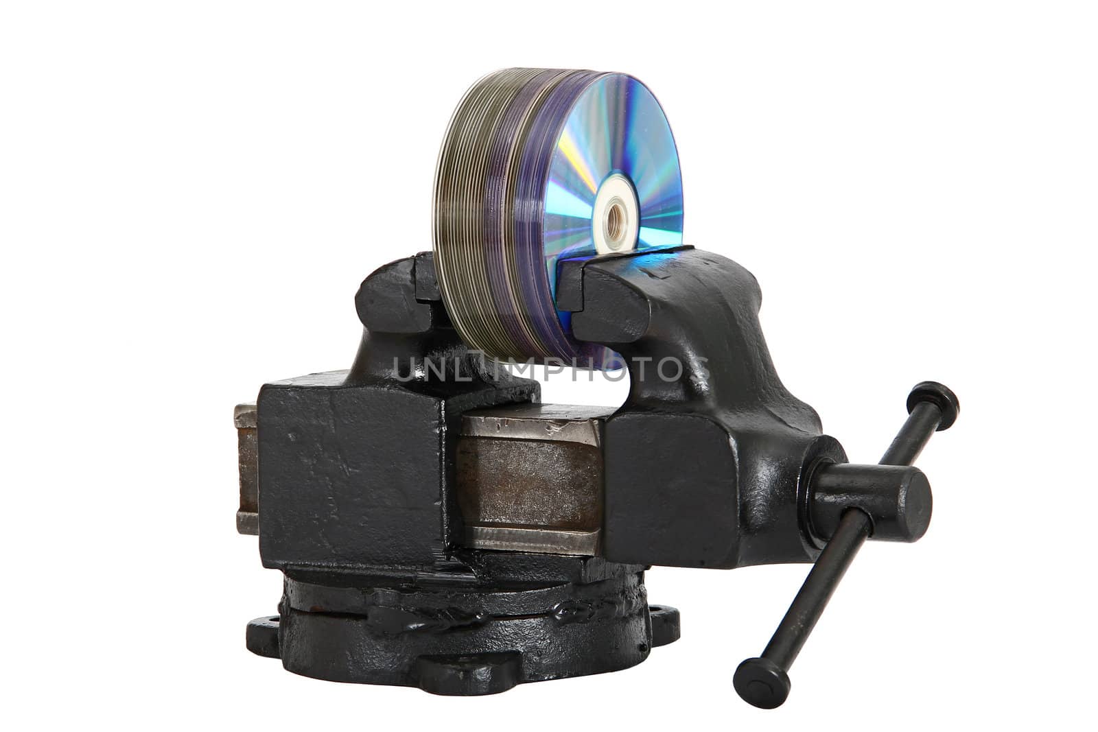 cd disks in vise, isolated on a white background